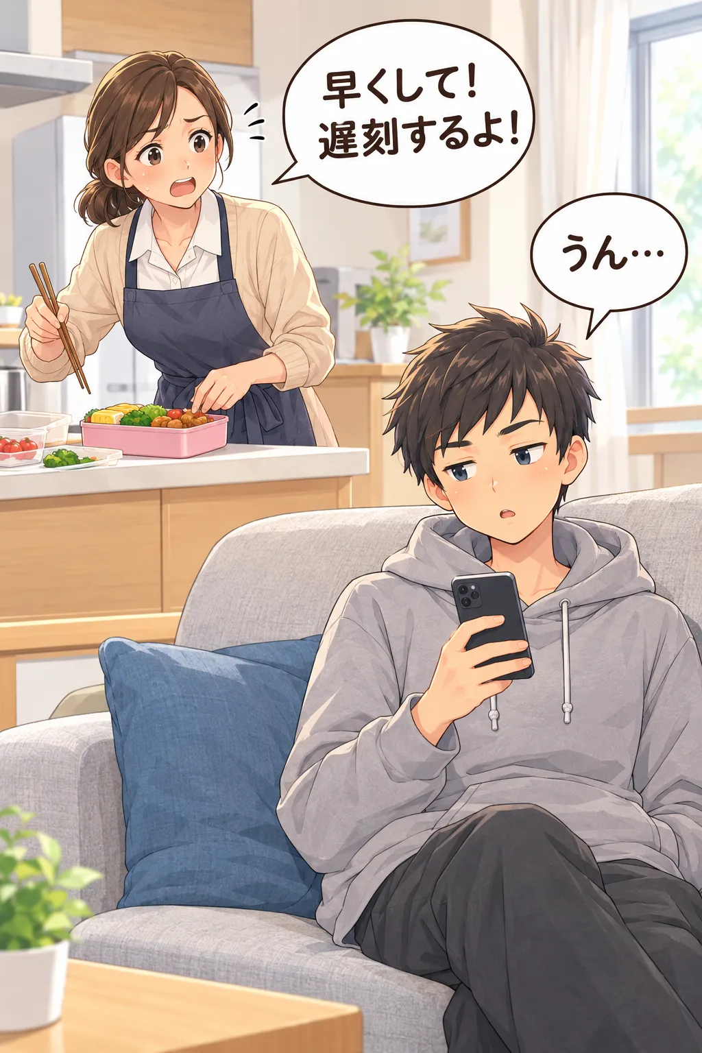 朝の支度。お弁当を作りながら「早くして！遅刻するよ！」と声をかける母と、ソファでスマホを見ながら「うん…」と返す息子。