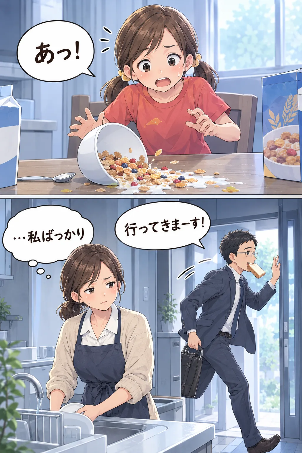 「あっ！」娘がシリアルの器をひっくり返す。「…私ばっかり」と洗い物をする母の横を、父がパンをくわえて「行ってきまーす！」と飛び出していく。