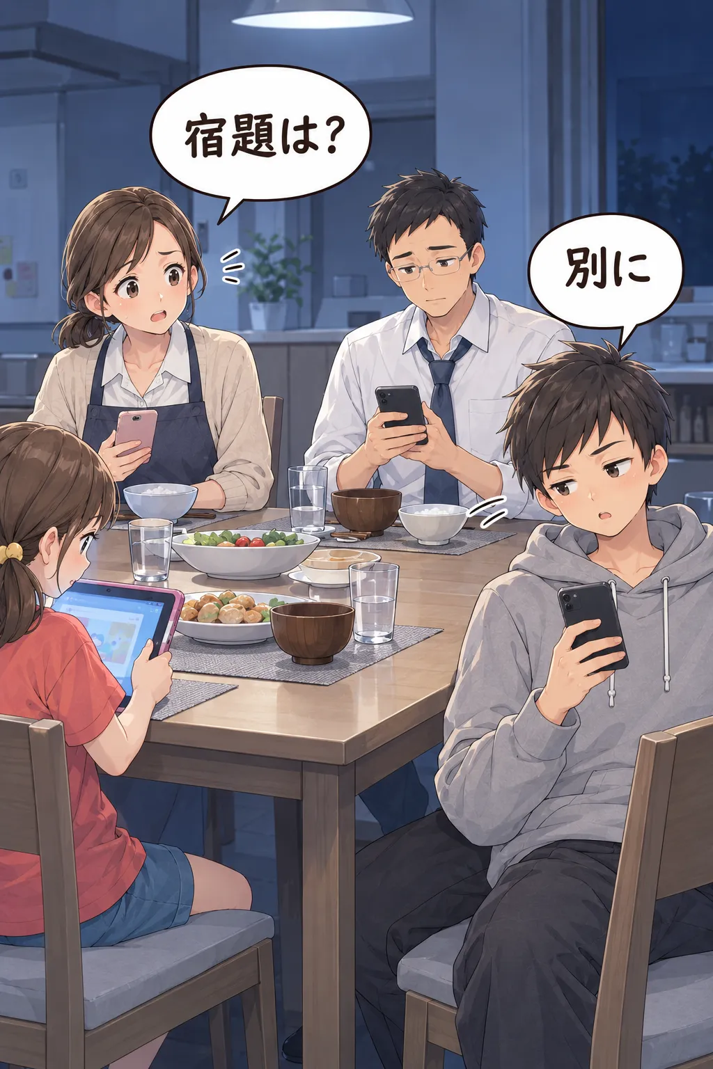 夜の食卓。家族それぞれがスマホやタブレットを見ている。「宿題は？」と聞く母に、息子は「別に」。
