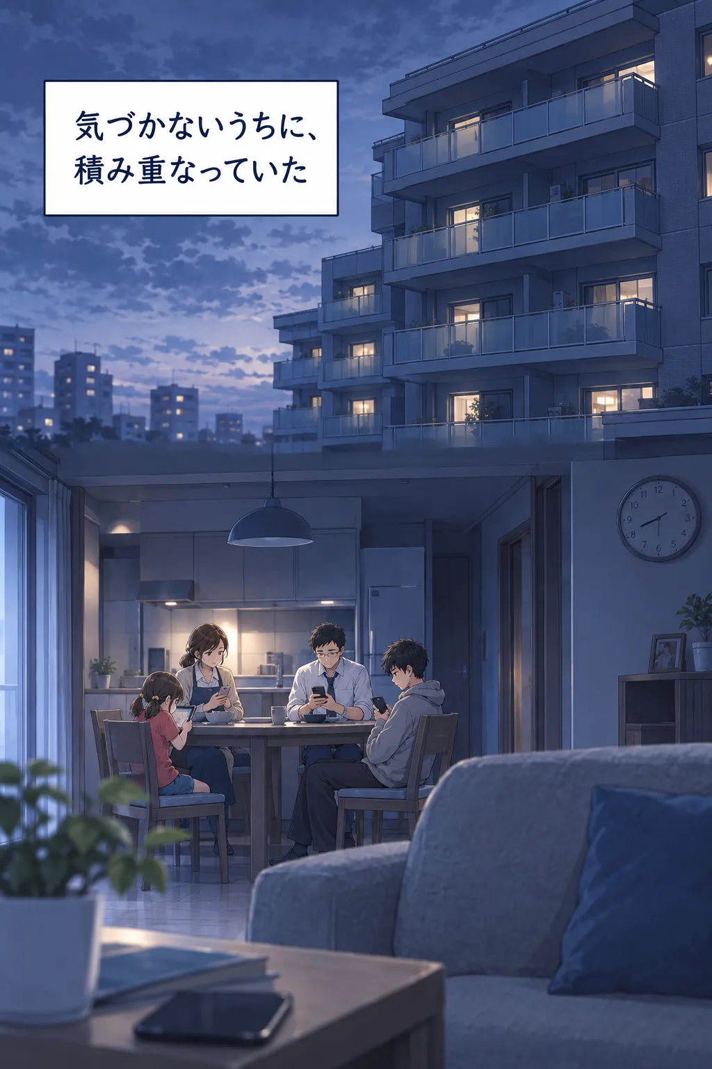 夜のマンションの外観。「気づかないうちに、積み重なっていた」。