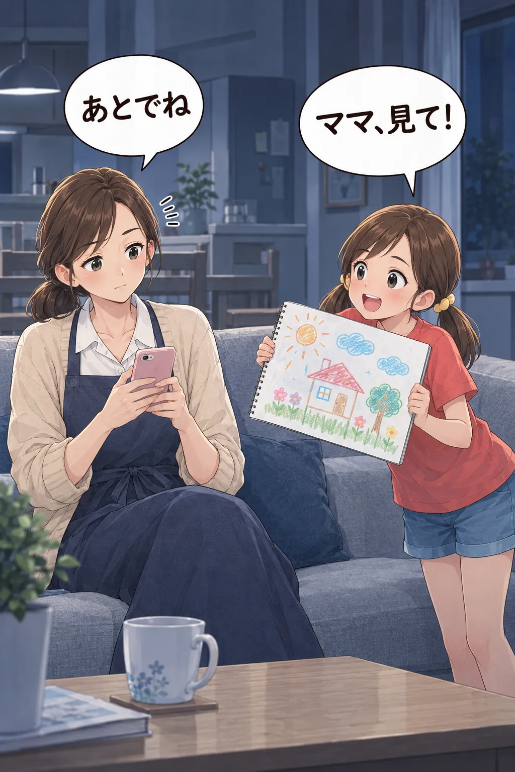 「ママ、見て！」と絵を見せる娘に、スマホを見たまま「あとでね」と答える母。