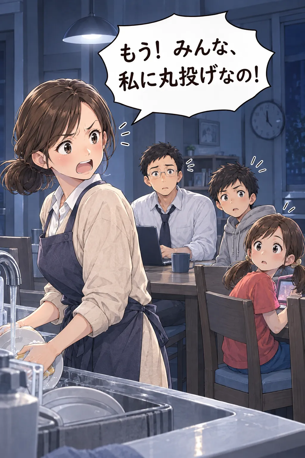 「もう！みんな、私に丸投げなの！」と洗い物をしながら声を上げる母と、驚く家族。