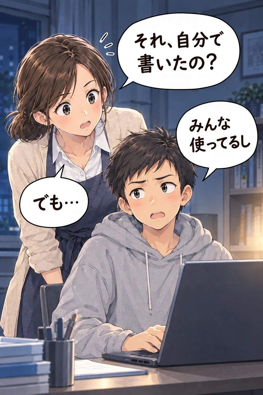 夜の勉強部屋。「それ、自分で書いたの？」と聞く母に、息子は「みんな使ってるし」。母は「でも…」と言葉に詰まる。