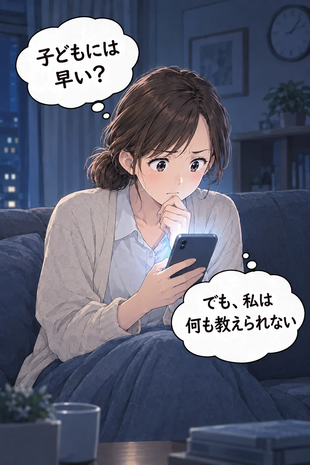 スマホを見ながら「子どもには早い？」「でも、私は何も教えられない」と悩む母。