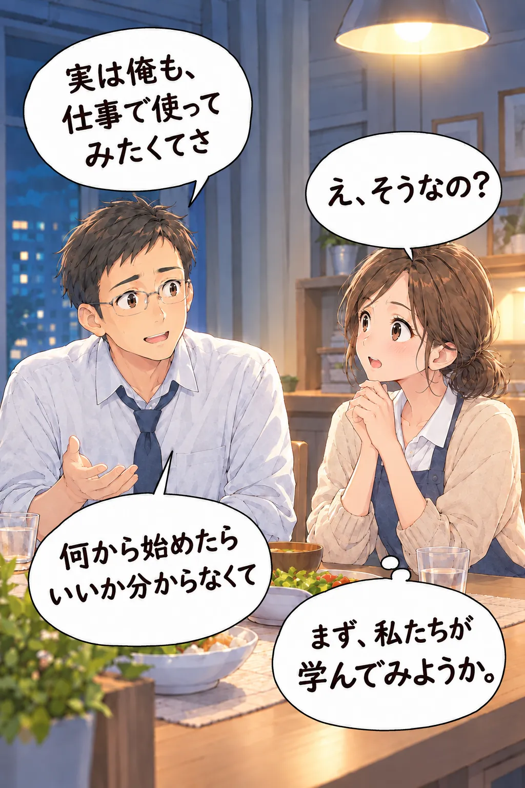 「実は俺も、仕事で使ってみたくてさ」「何から始めたらいいか分からなくて」と話す父に、母は「まず、私たちが学んでみようか。」