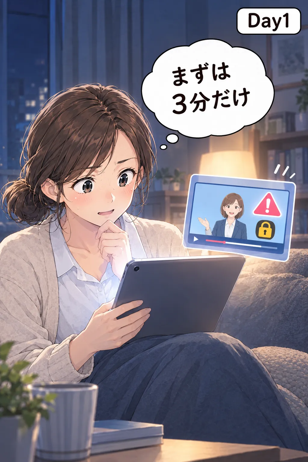 Day1。タブレットで講座の動画を見ながら「まずは3分だけ」と始める母。
