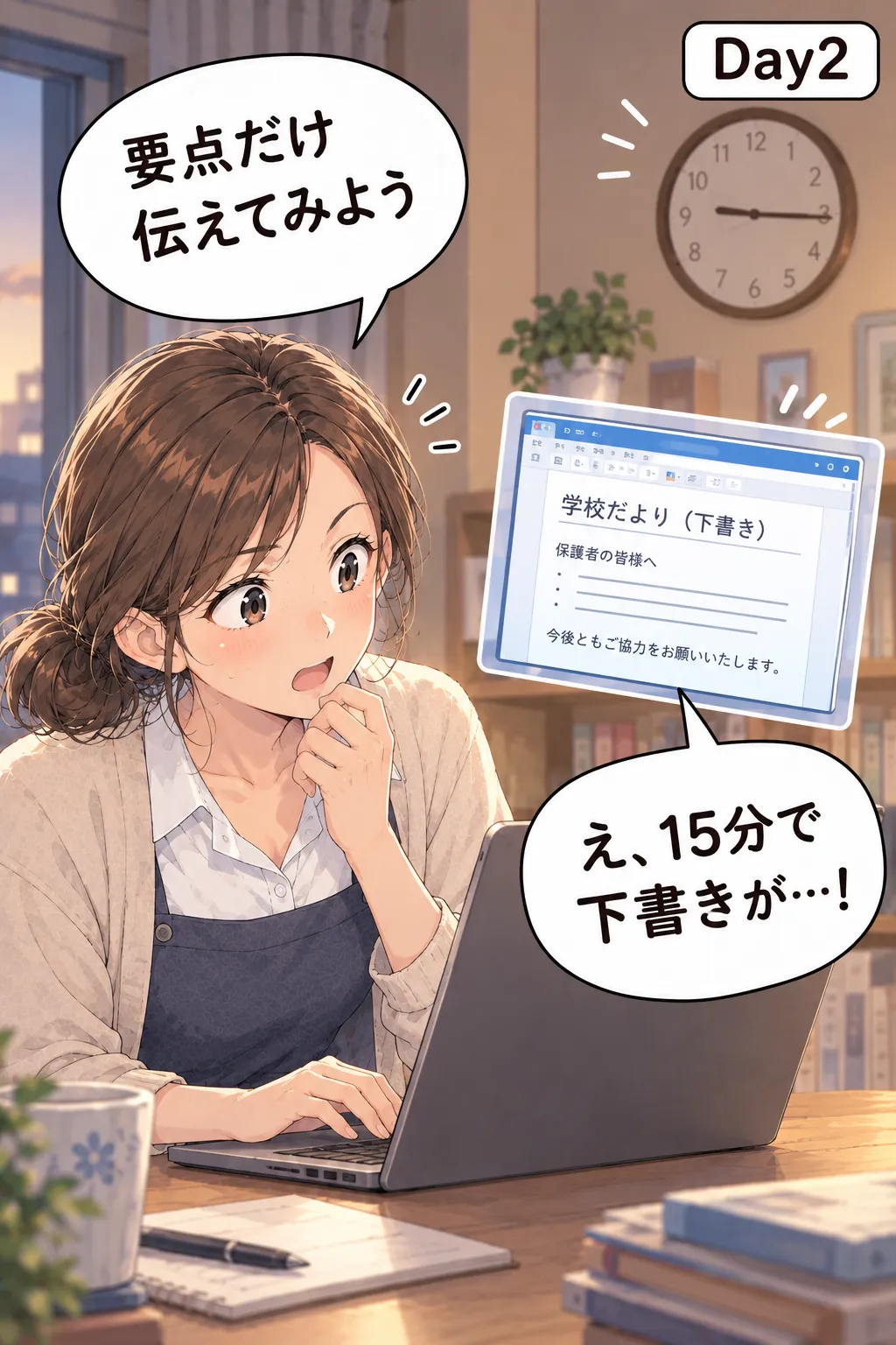Day2。「要点だけ伝えてみよう」とAIで学校だよりの下書きを作り、「え、15分で下書きが…！」と驚く母。