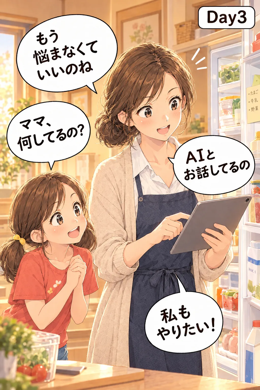Day3。「もう悩まなくていいのね」とタブレットを持つ母に、娘が「ママ、何してるの？」。「AIとお話してるの」「私もやりたい！」