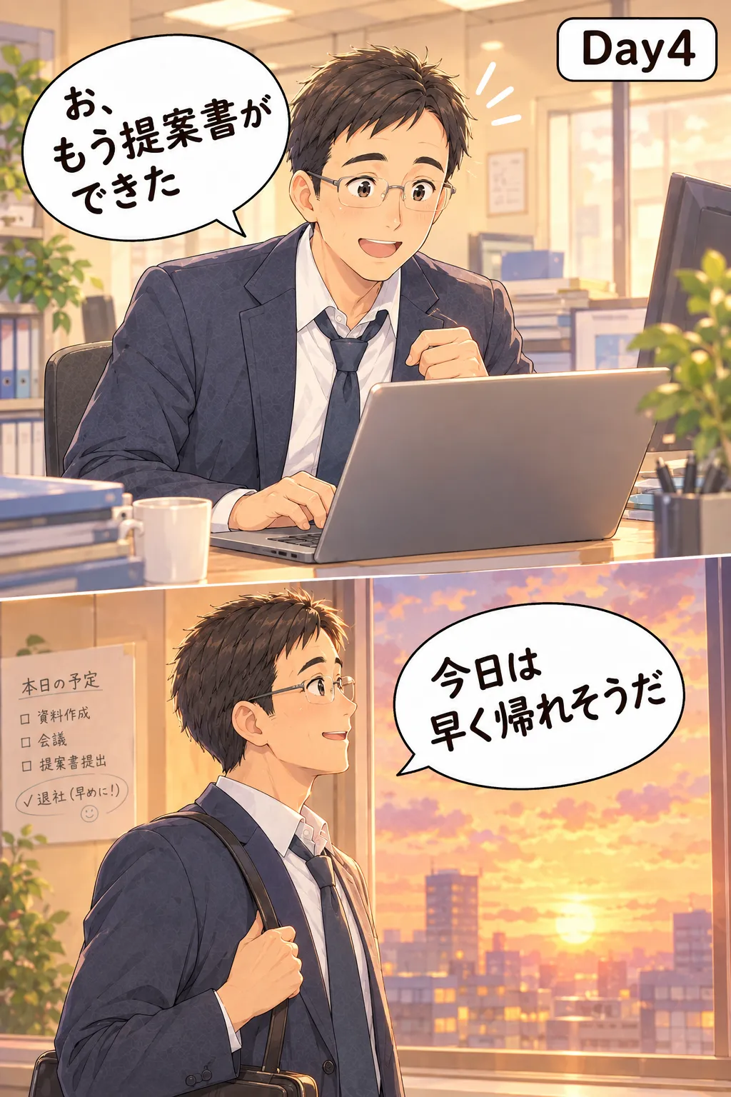 Day4。職場で「お、もう提案書ができた」と笑顔の父。夕方には「今日は早く帰れそうだ」。
