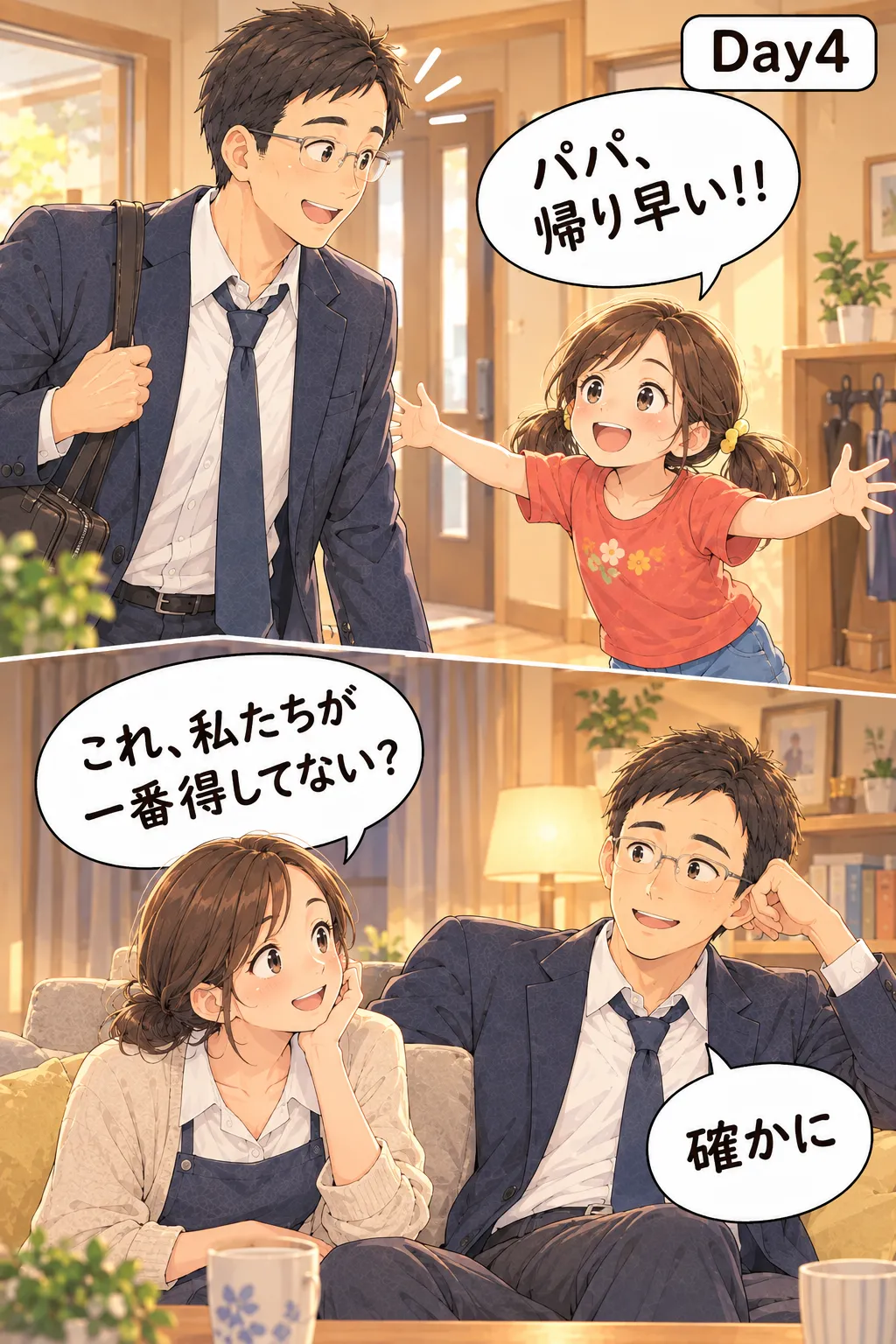 Day4。「パパ、帰り早い！！」と娘に迎えられる父。夜、ソファで母が「これ、私たちが一番得してない？」、父は「確かに」。