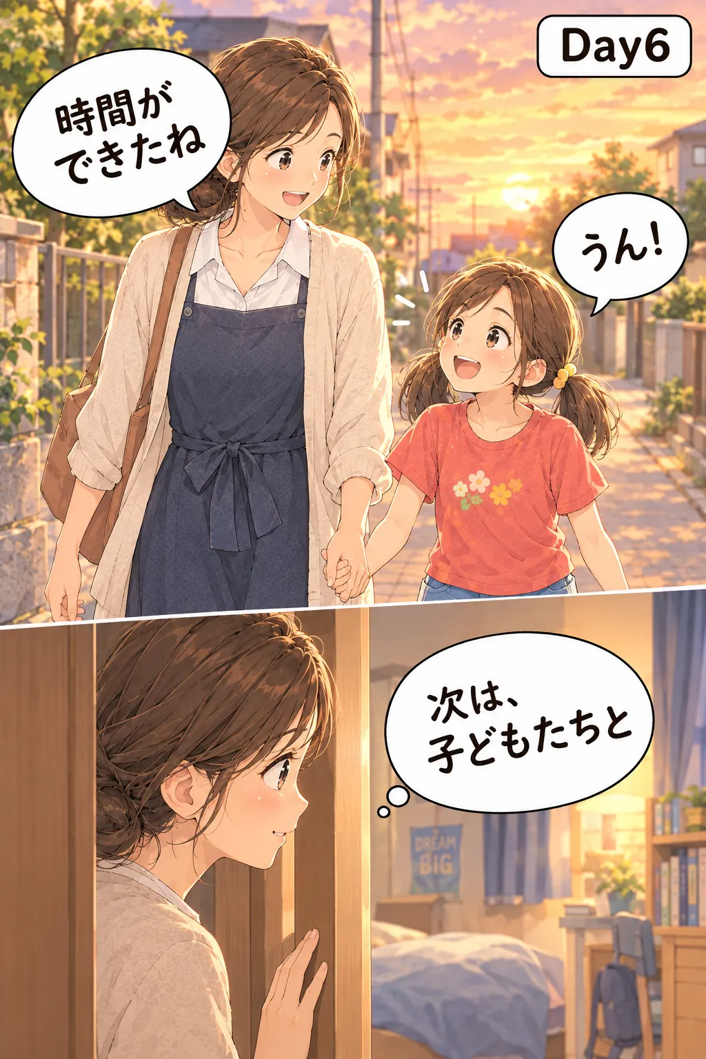 Day6。夕方、娘と手をつないで歩く母が「時間ができたね」、娘は「うん！」。子ども部屋をのぞきながら母は「次は、子どもたちと」と思う。