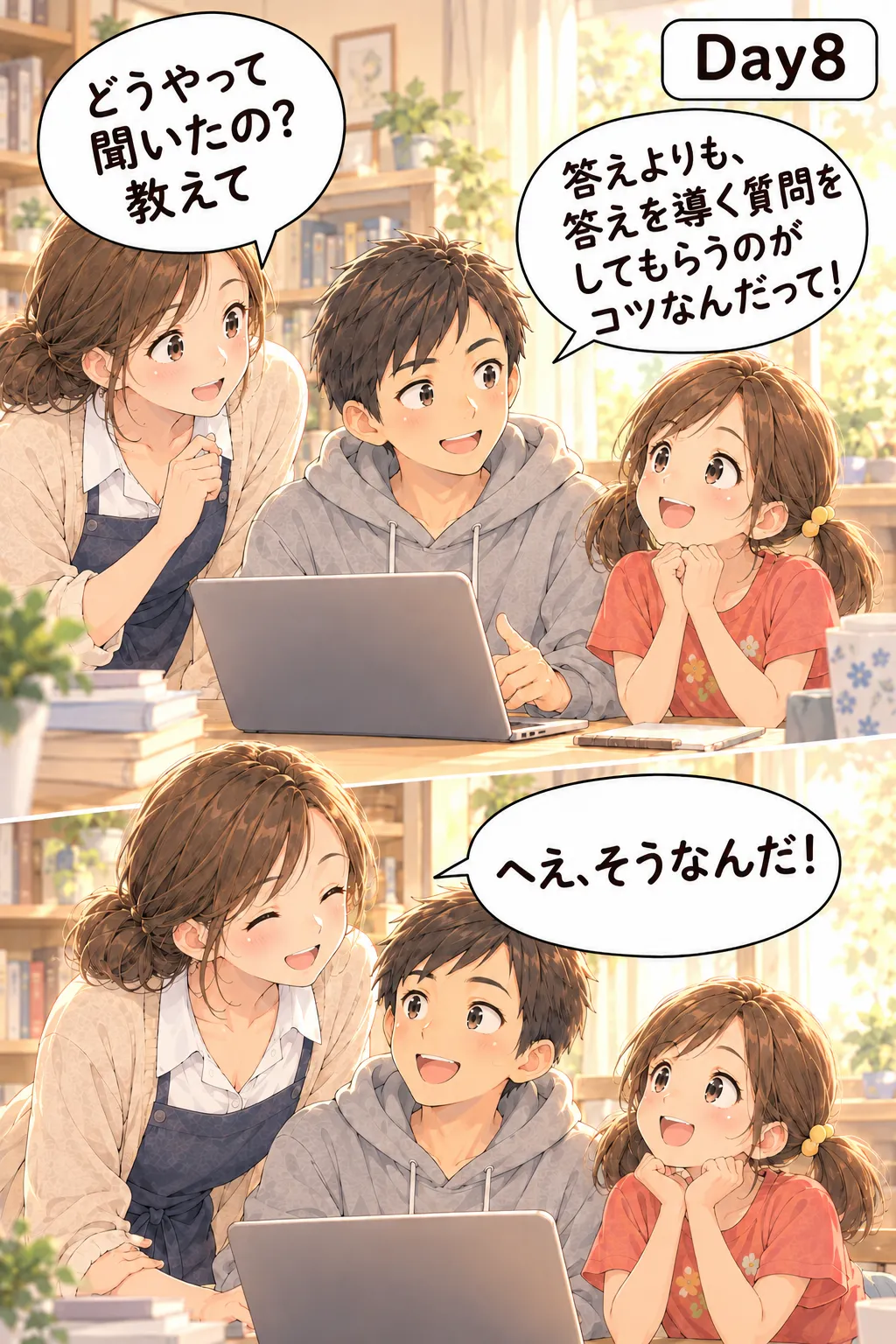 Day8。「どうやって聞いたの？教えて」と聞く母に、息子が「答えよりも、答えを導く質問をしてもらうのがコツなんだって！」。「へえ、そうなんだ！」