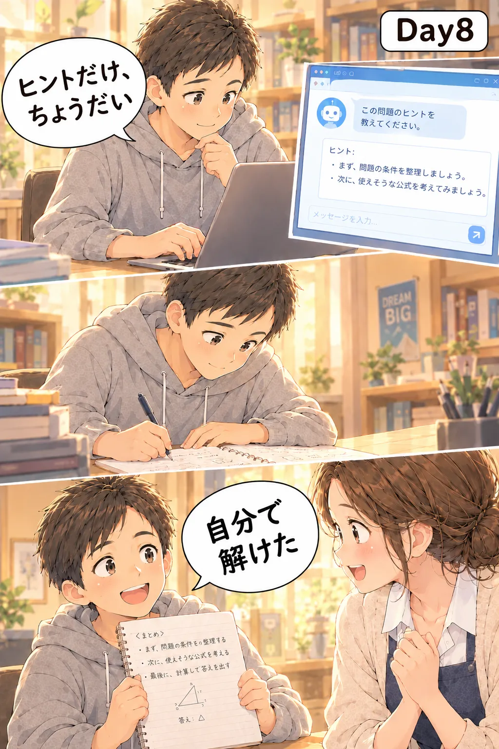 Day8。AIに「ヒントだけ、ちょうだい」と聞きながら問題を解いた息子が、ノートを見せて「自分で解けた」。