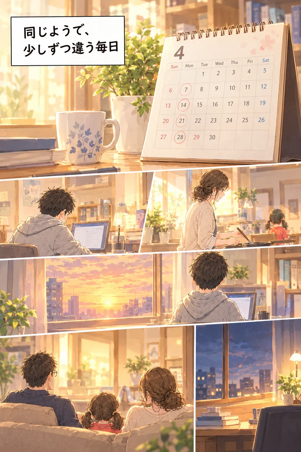 「同じようで、少しずつ違う毎日」。カレンダーと、家族それぞれがAIで学ぶ日々の様子。