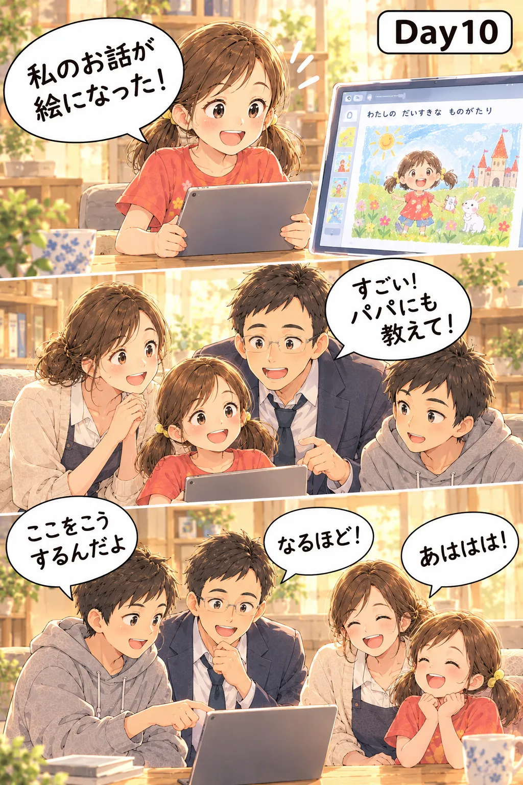 Day10。「私のお話が絵になった！」と喜ぶ娘。「すごい！パパにも教えて！」と父も加わり、息子が「ここをこうするんだよ」と教えて家族みんなで笑う。