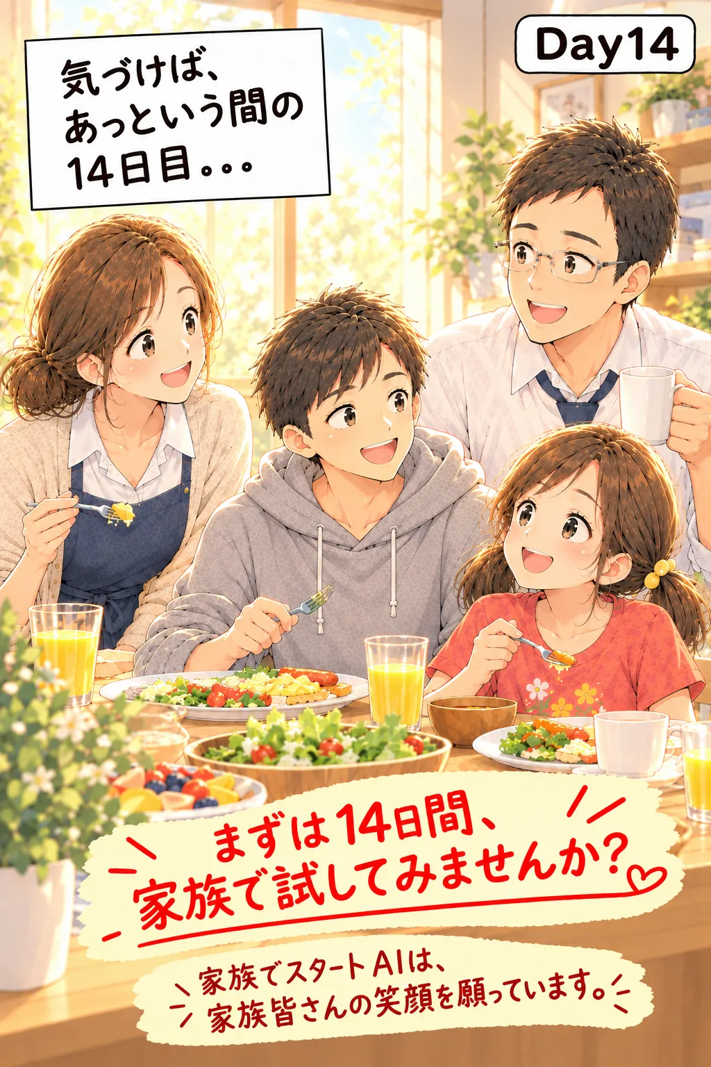 Day14。「気づけば、あっという間の14日目…」。朝の食卓で家族4人が笑顔で話している。「まずは14日間、家族で試してみませんか？」「家族でスタートAIは、家族皆さんの笑顔を願っています。」